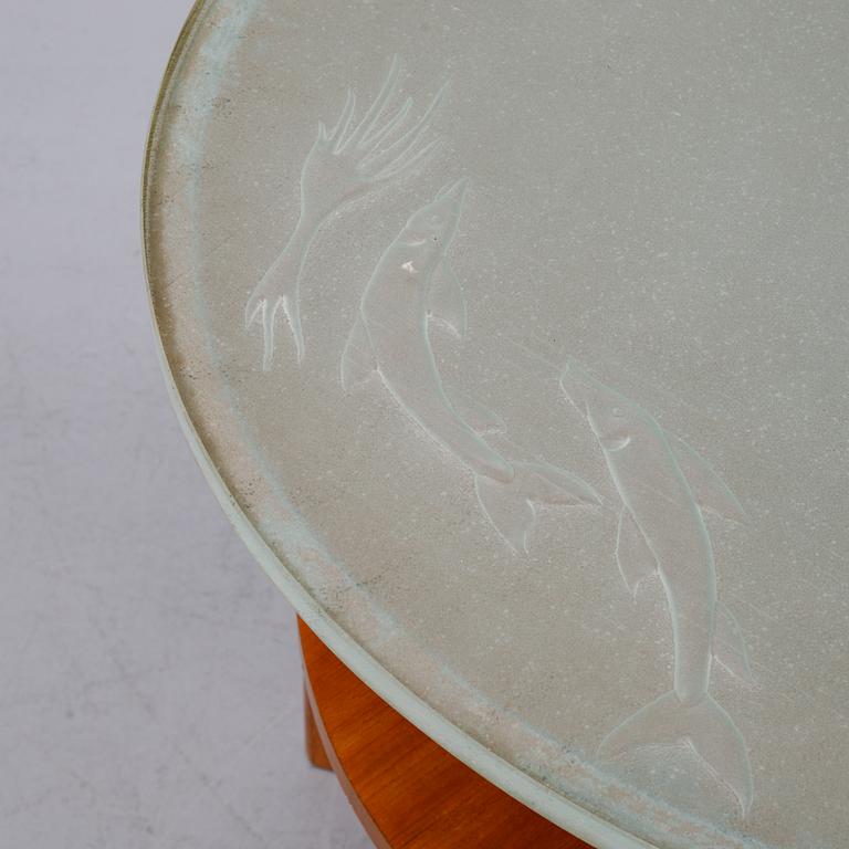 Bo Notini, a Swedish Modern elm veneered and etched glass coffee table from Glössner & Co, 1940's.