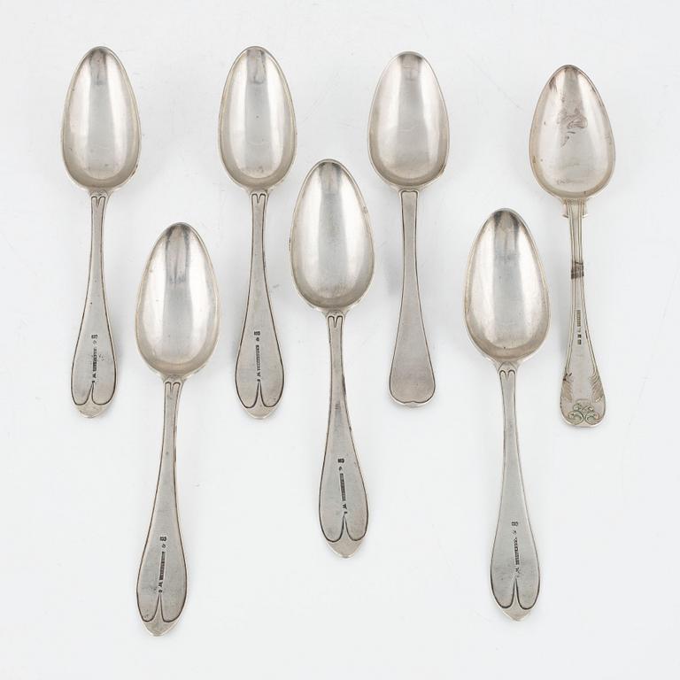 Seven Swedish silver spoons, 1792-1882.