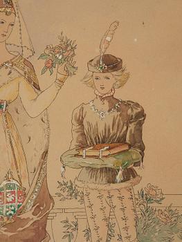 Elisabeth Sonrel, Dame de la Cour avec un bouquet de fleurs et son jeune serviteur.
