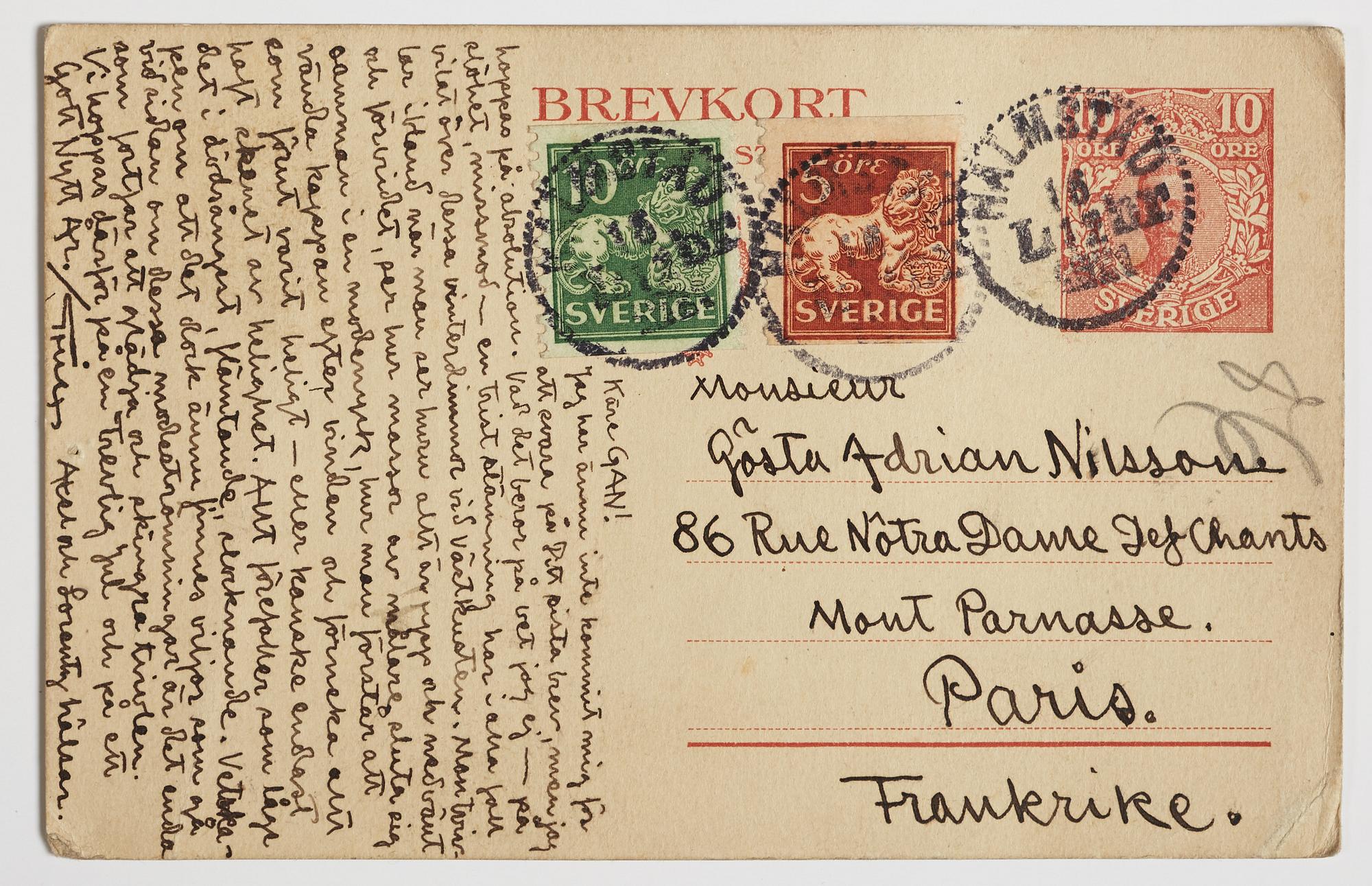 ERIK OLSON, illustrated postcard/Christmas card addressed to GAN (Gösta Adrian-Nilsson) in Paris, postmarked 16/12 1921.