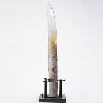 Bertil Vallien, a sand cast glass sculpture of a standing half-boat, Kosta Boda, Sweden.