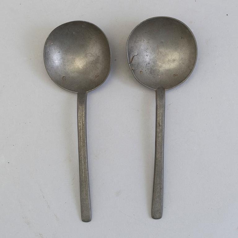 TWO PEWTER SPOONS, 18th century.