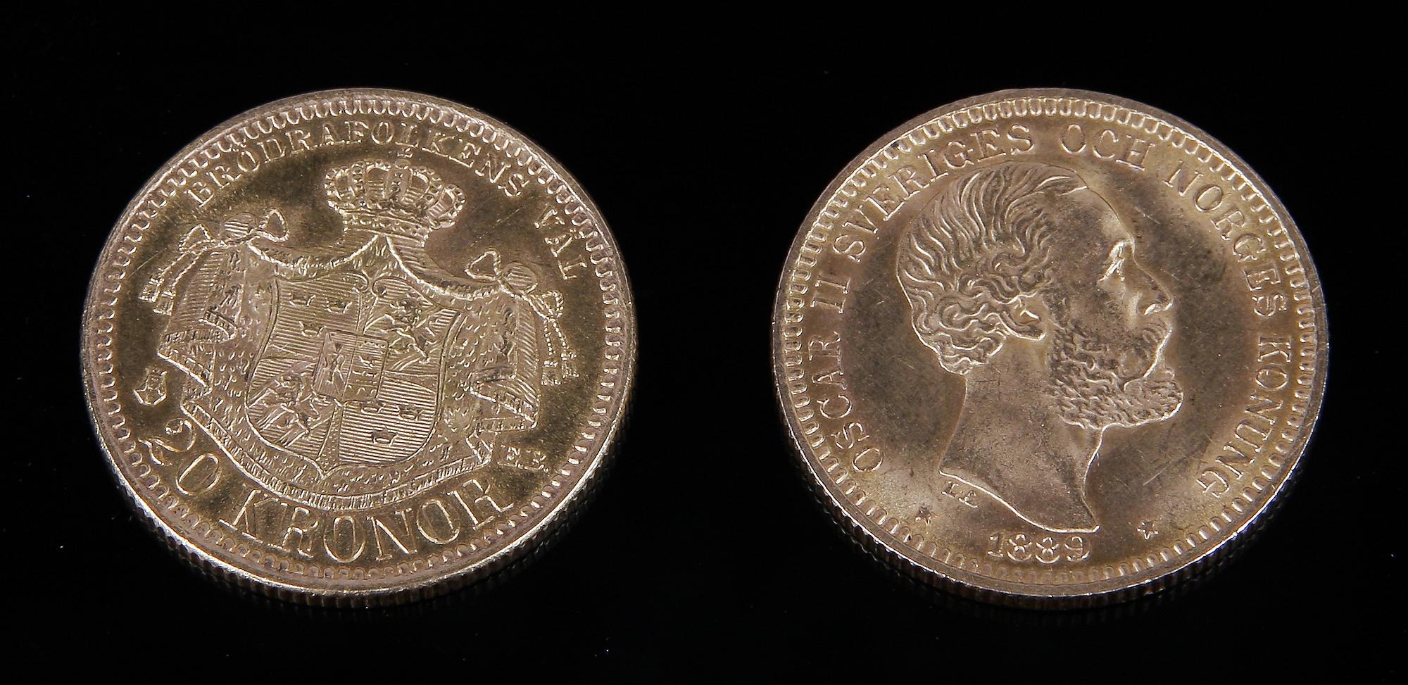 MYNT, 20 kronor, 2 st, guld, Oscar II Sveriges och Norges Konung. 1884 resp 1889. Totalvikt 18 gram.