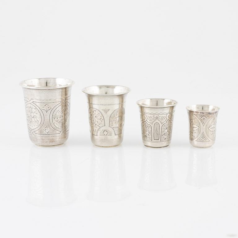 Bägare, 4 st, silver, Moskva 1860-80-tal, bl a V Sawinkow.