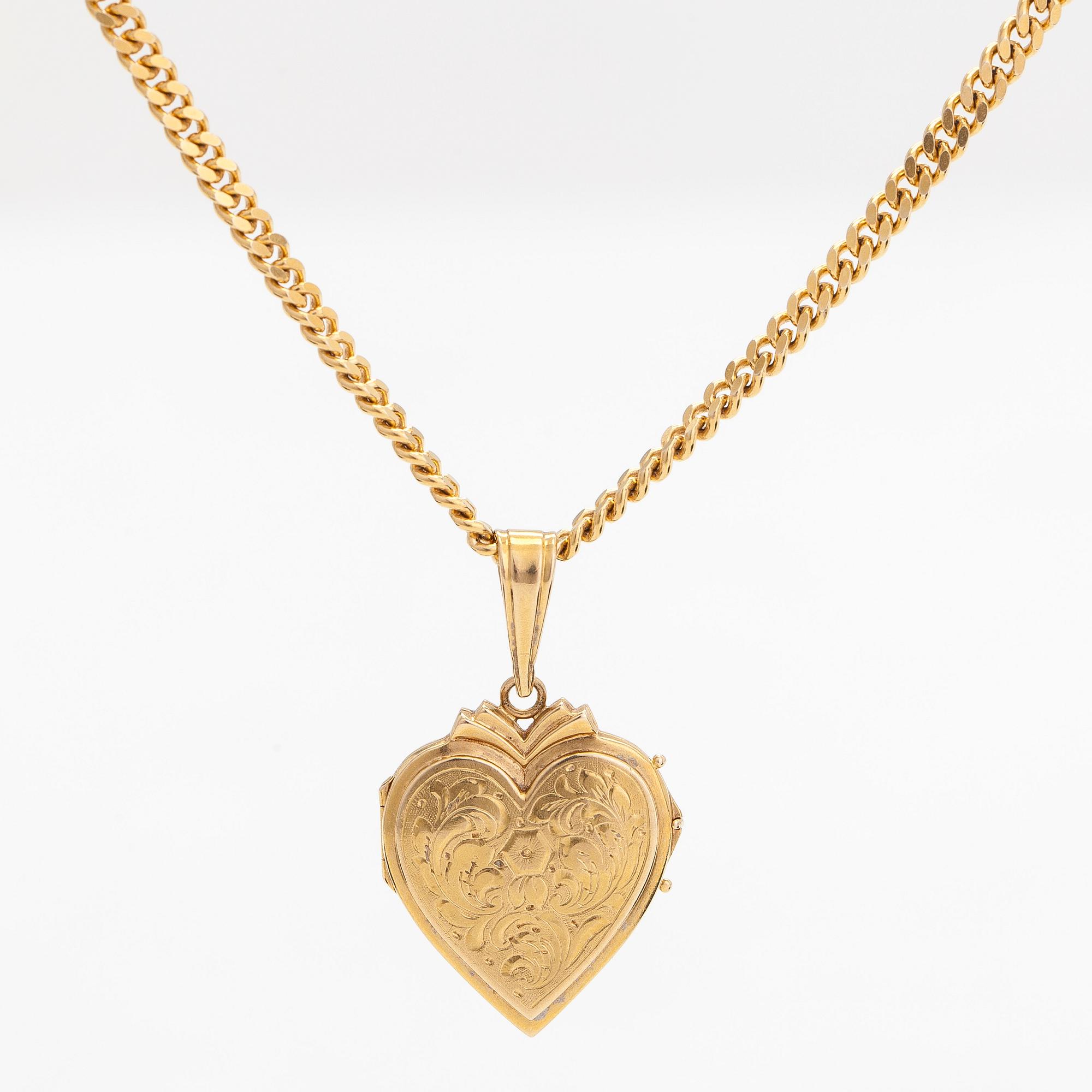 Riipus, medaljonki, sydän, 18K kultaa, ketju 14K kultaa.