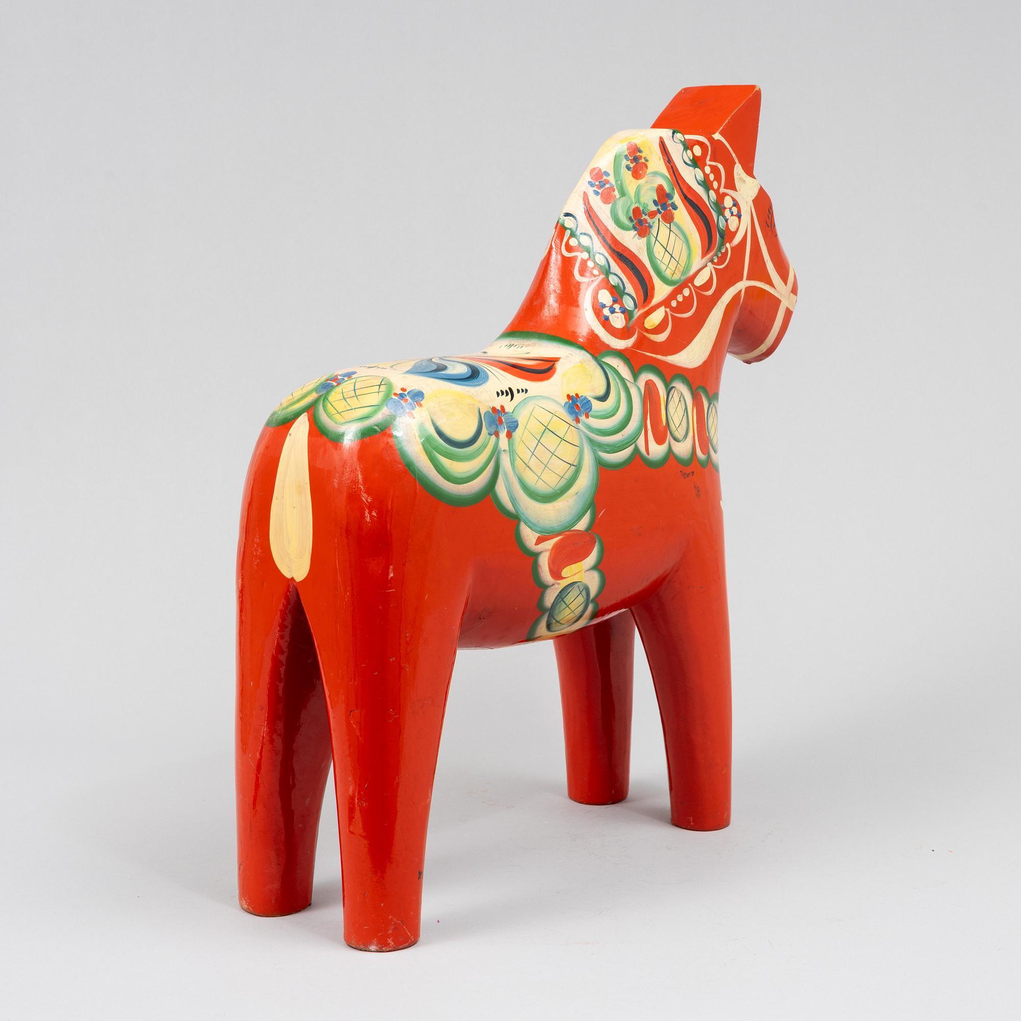 A carved wooden Dalecarlia horse and rooseter, Sweden, 1970's-80's.