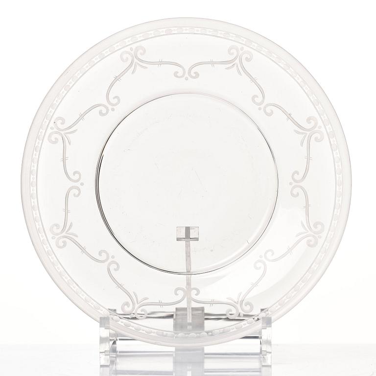 Simon Gate, an glass bowl with plate, Orrefors 1924, engraved by Karl Müller.