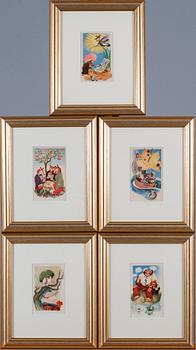 KONSTVYKORT, 10 st, efter Tove Jansson, 9 med synlig signering i trycket, Taidekorttikeskus 1940-tal.