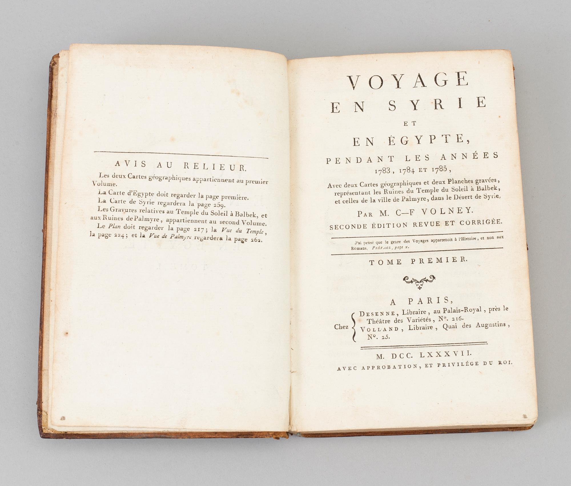 BOK, Africana, 1787, Constantin François Chasseboeuf, Comte de Volney: Voyage en Syrie et en Egypte.