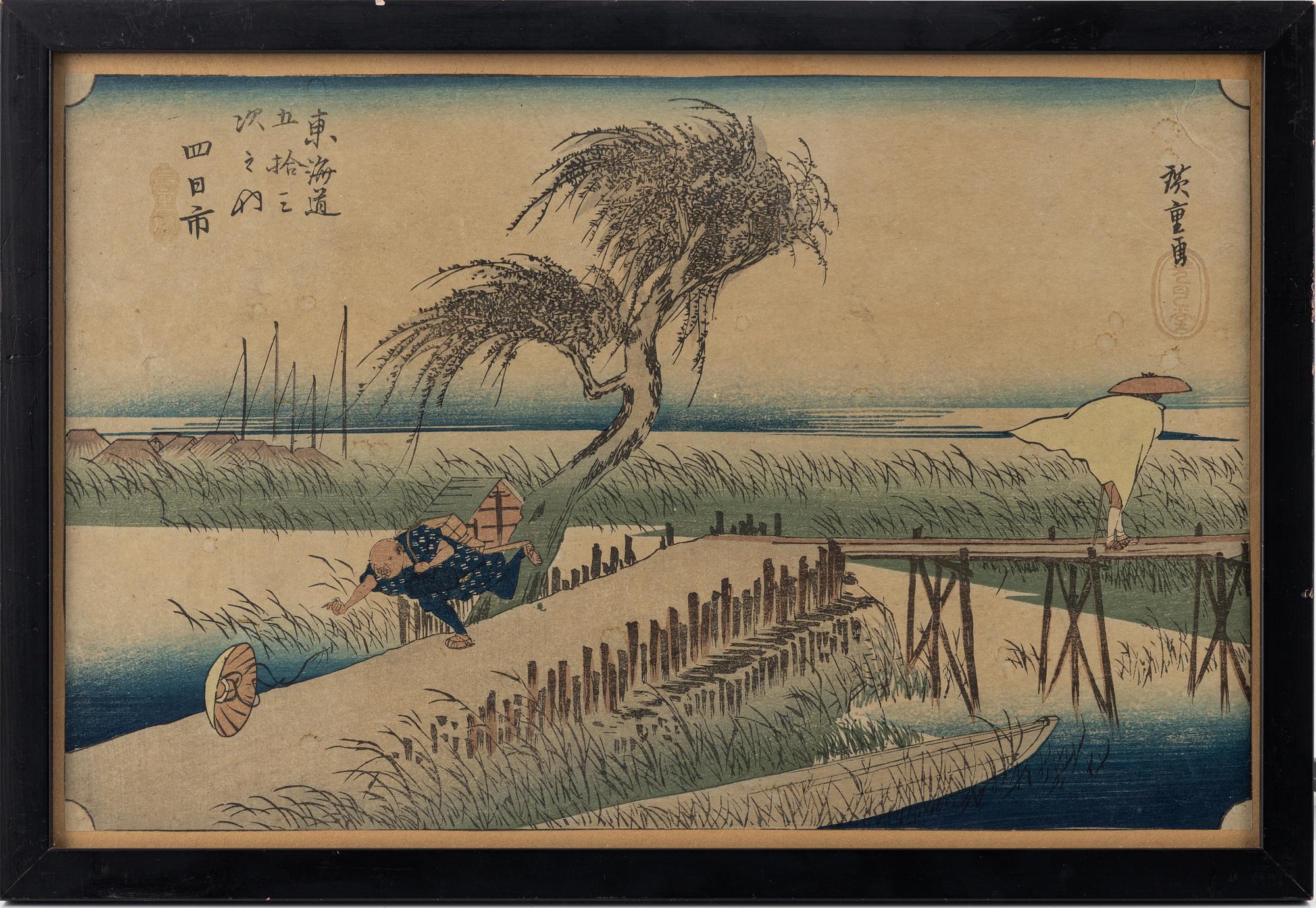Ando Utagawa Hiroshige, efter, färgträsnitt, 3 st, Japan, tidigt 1900-tal.