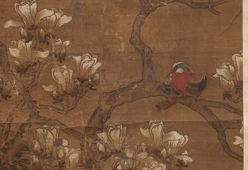 A hanging scroll of birds and magnolia in a garden, Qing dynasty.