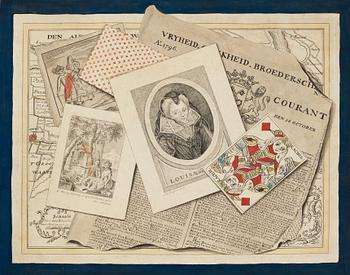 441. UNKNOWN ARTIST 18TH CENTURY, Trompe l'oeil with map, cards, and prints.