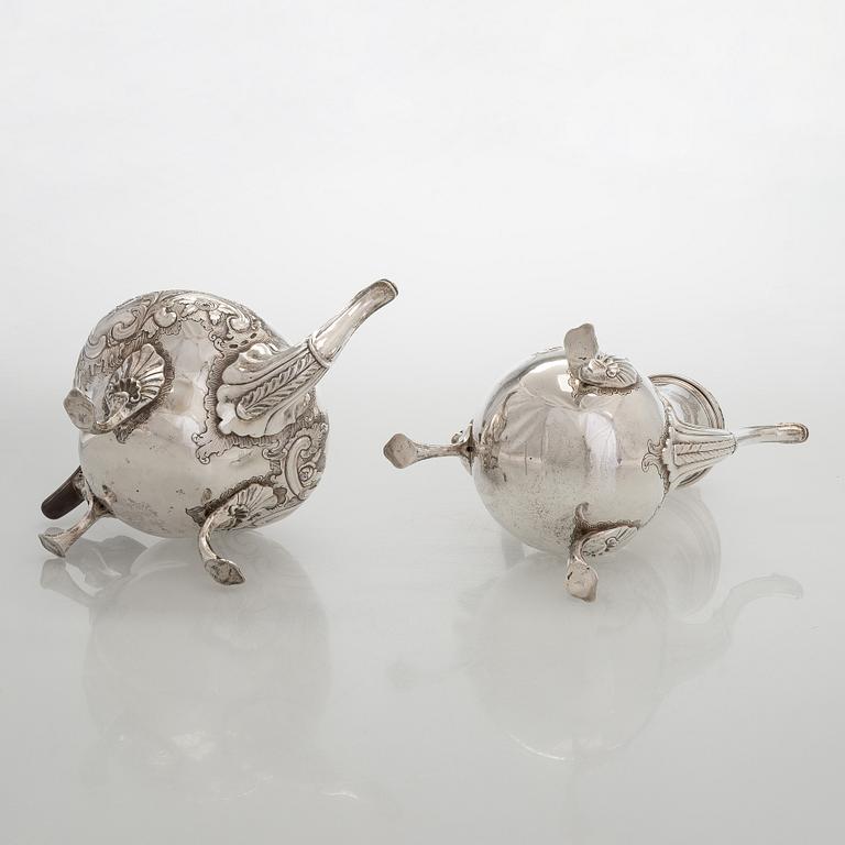 Kaffe- och teservis, 4 delar, silver, rokoko, Portugal, 1780-tal, olika silversmeder.