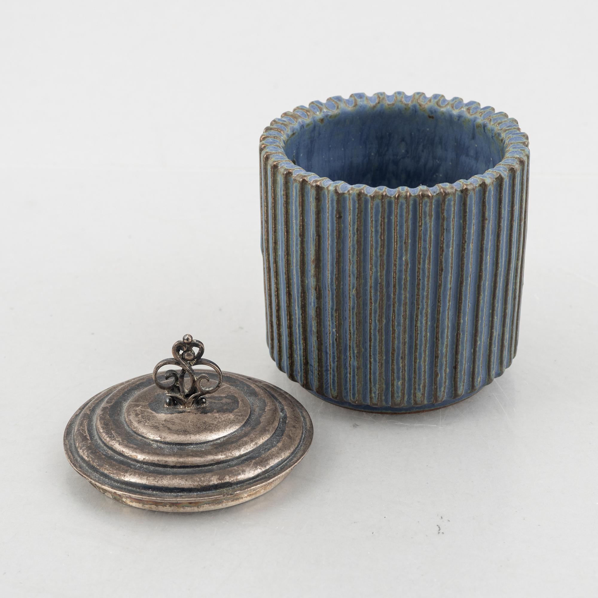 Arne Bang, a stoneware jar with sterling silver cover, Denmark, mid-20th century.