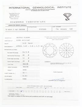 TIMANTTI, 0.23 ct. IGI-todistuksella.
