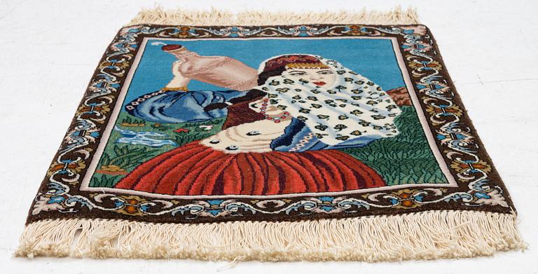 An oriental, figural rug, c. 64 x 50 cm.