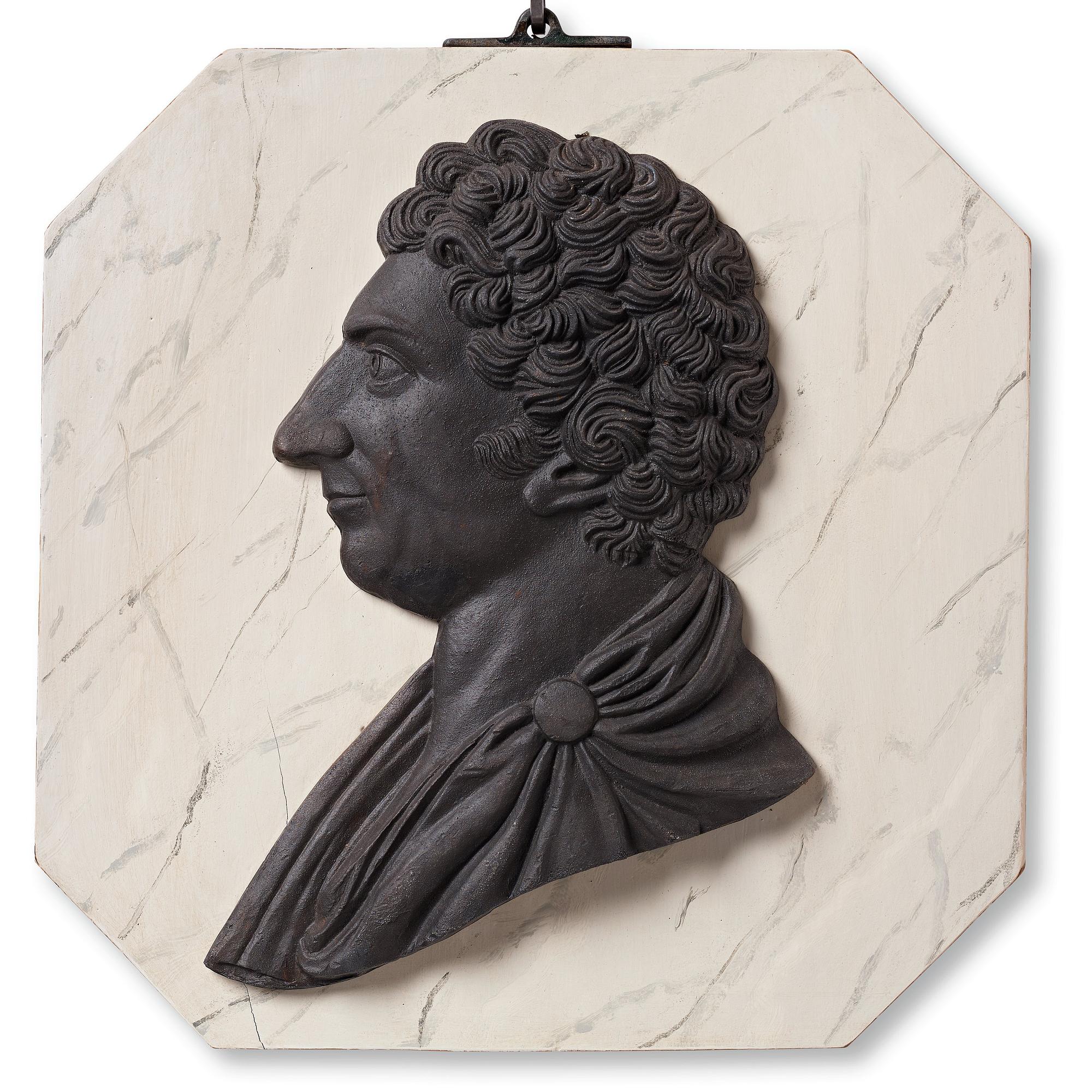 A cast iron portrait depicting the Swedish king Karl XIV Johan, 1818-44.