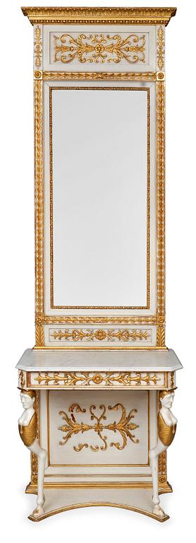 A MARBLE TOPPED CONSOLE TABLE AND MATCHING MIRROR.