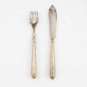 Fish cutlery in original case, 24 pieces, nickel silver/alpaca, AG Dufva, Stockholm, early 20th century.