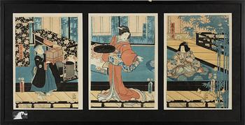 Utagawa Kunisada, Interiörscen med barn och tjänare.
