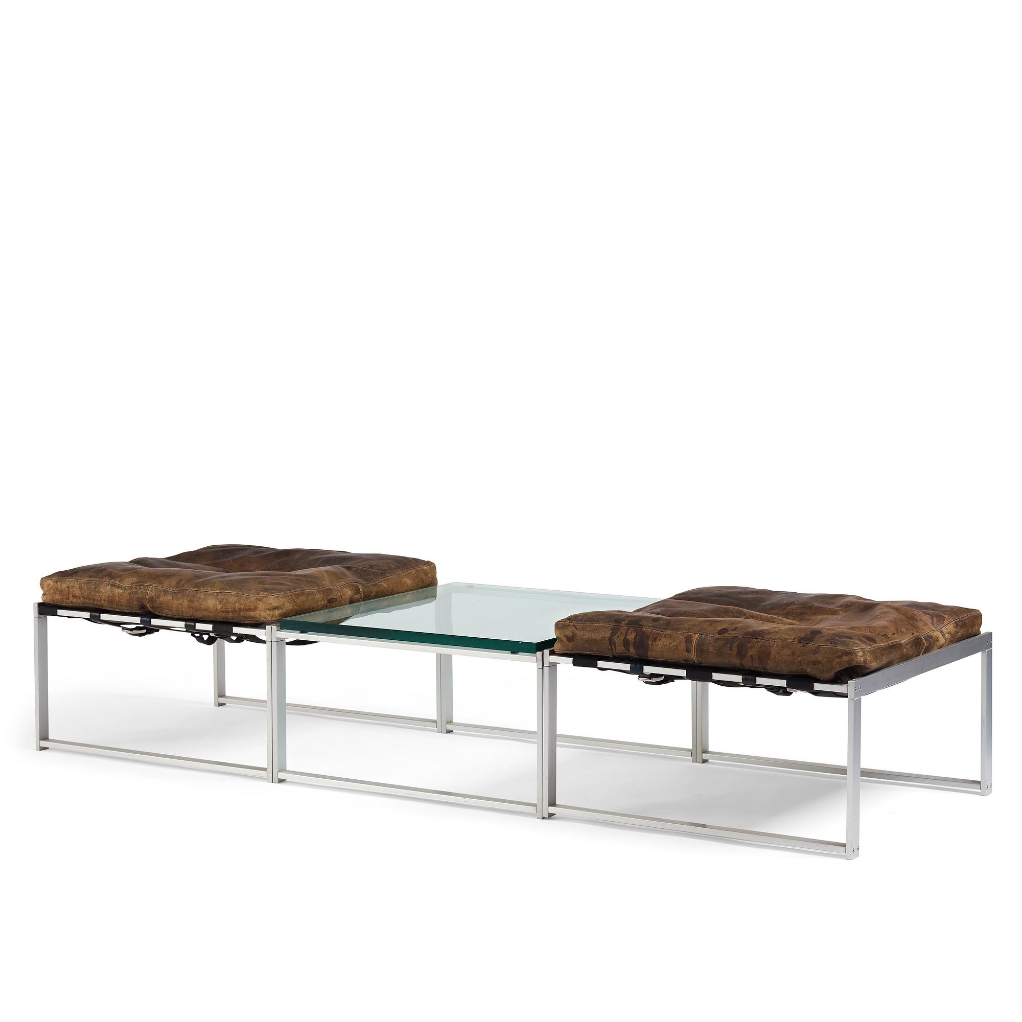 Jørgen Høj, a set with two stools and a glass top table, edtion Niels Vitsoe, early 1960s.