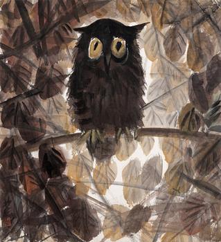 Lin Fengmian, Owl. Ink and colour on paper, signed and with the seal of the artist.
