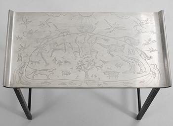 A Nils Fougstedt and Björn Trägårdh set of three engraved pewter top tables by Firma Svenskt Tenn ca 1930.