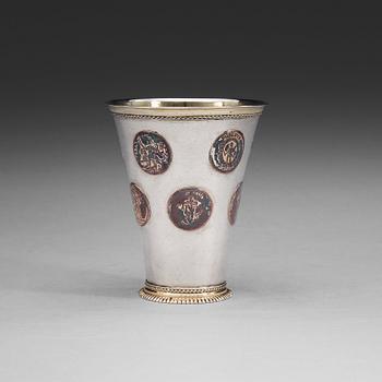 557. A Swedish 18th century parcel-gilt beaker, marks of Magnus Myrman, Norrköping (1706-1730).