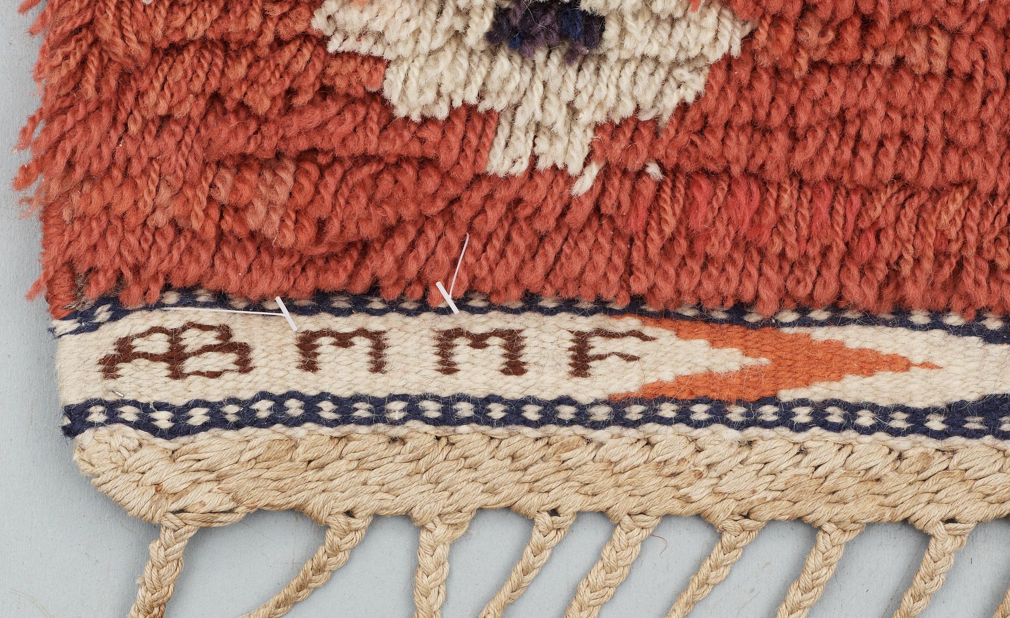RUG. "Röda Slingan". Knotted pile (Rya). 208,5 x 104 cm. Signed AB MMF.