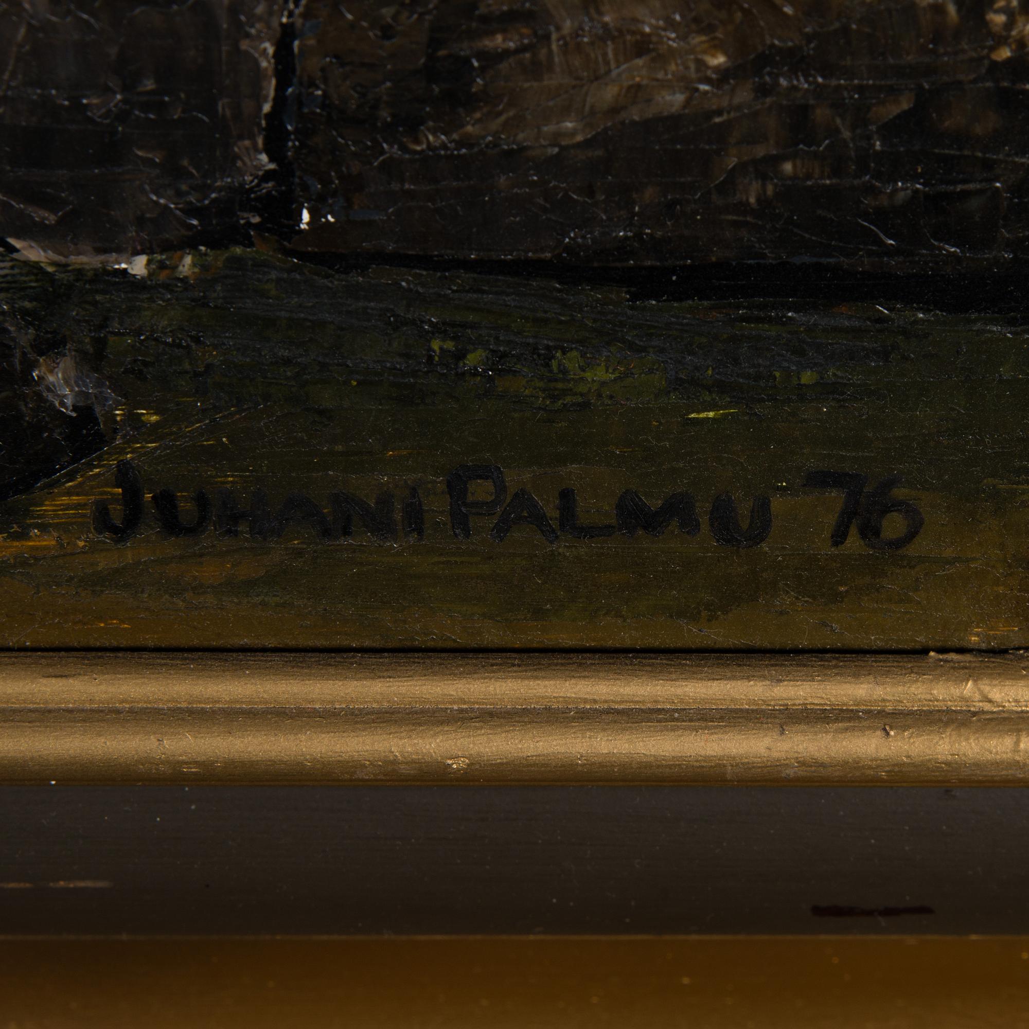JUHANI PALMU, olja på pannå, signerad och daterad -76.