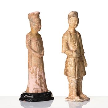 Two yellow glazed pottery figures, Tang/Sui dynasty.