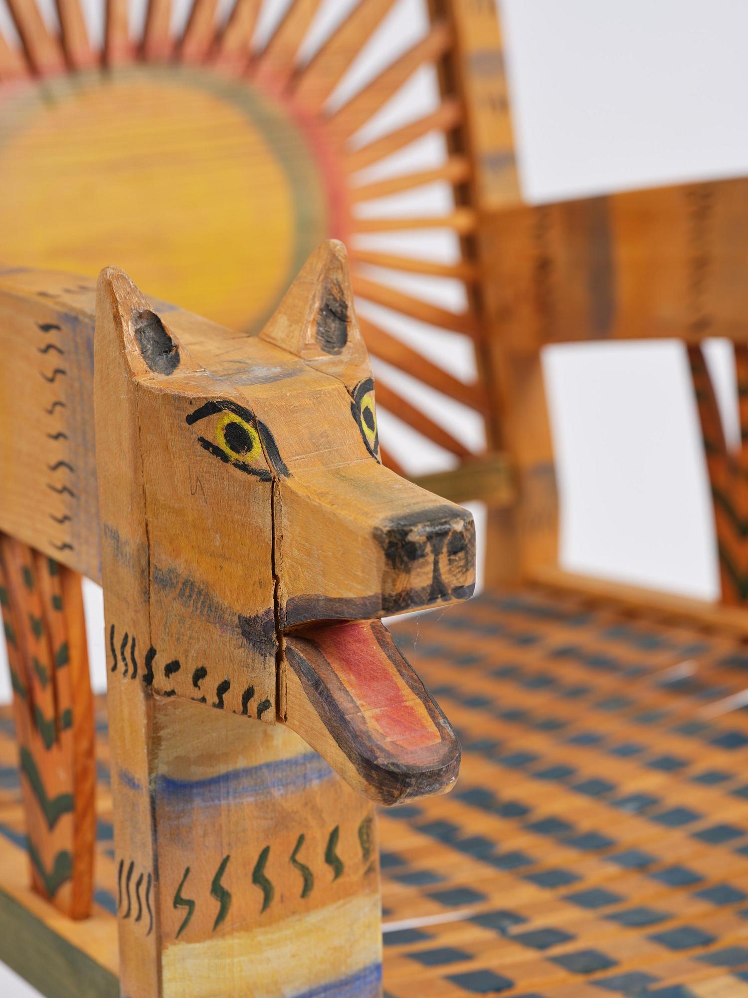 Gérard Rigot, a sculpted and painted oak chair, exectued in his studio, France, second half of the 20th century.