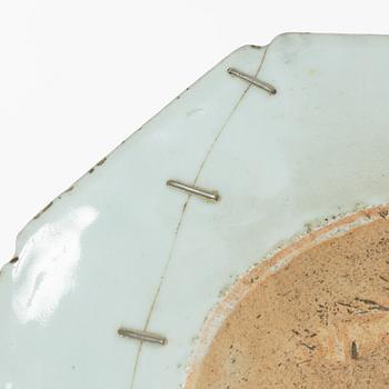 A group of three Chinese blue and white porcelain serving dishes and five dessert plates, Qing dynasty, Qianlong(1736-95.