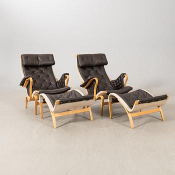 Bruno Mathsson, armchairs with footstools, a pair, "Pernilla", DUX.