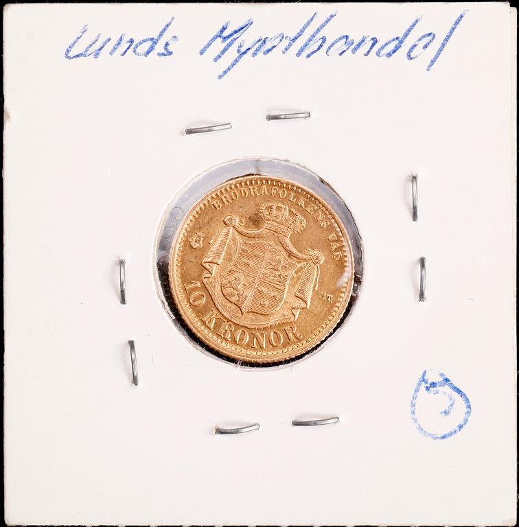 GULDMYNT, 10 kronor, Oscar II, 1874. Vikt ca 4,5 gram.