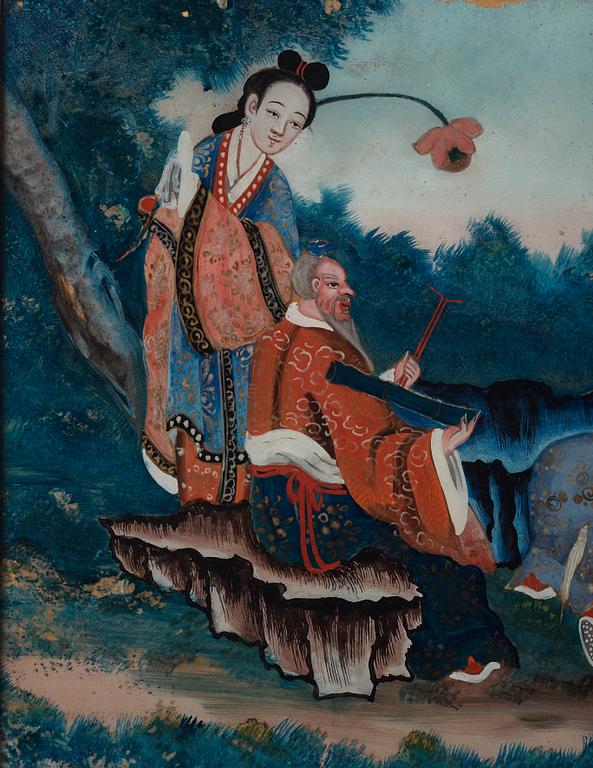 A Chinese reverse glass painting, Qing dynasty, around 1800.