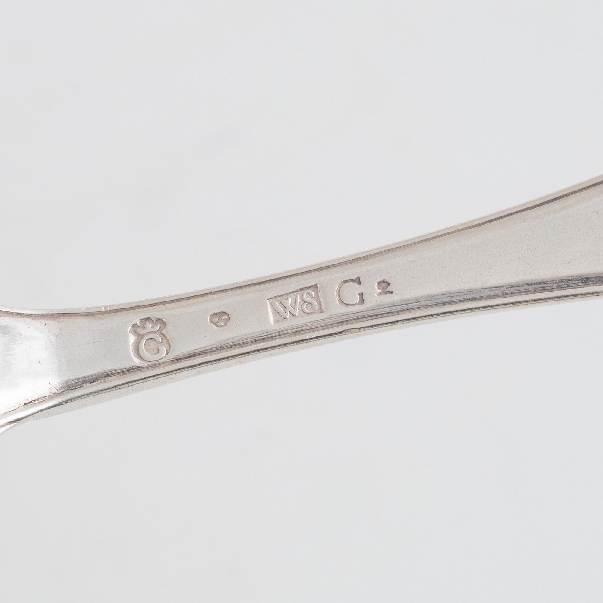 Skedar, 11 st, silver, bl.a. Gottfried Dubois, Stockholm 1743.