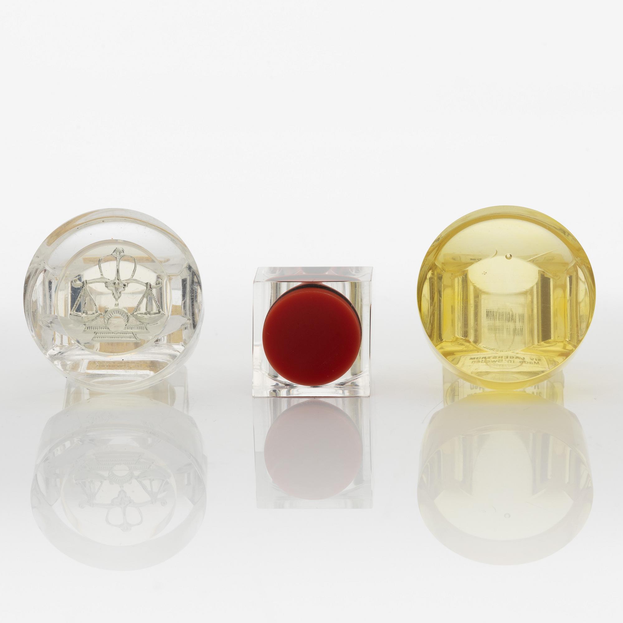 Siv Lagerström, three rings, acrylic plastic. Engraved works from the 1970s.