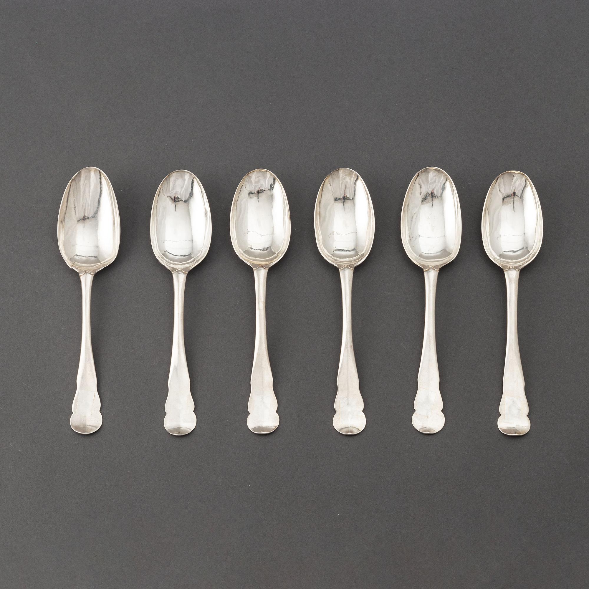 A set of six Swedish 18th century silver dinner-spoons, mark of Johan Leffler, Falun 1773.
