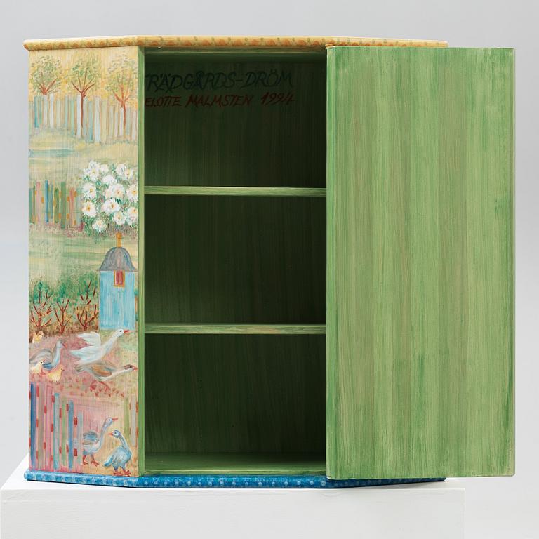 A Carl Malmsten wall hanging cabinet, 'Pluntan', decorated by Liselotte Malmsten 1994,