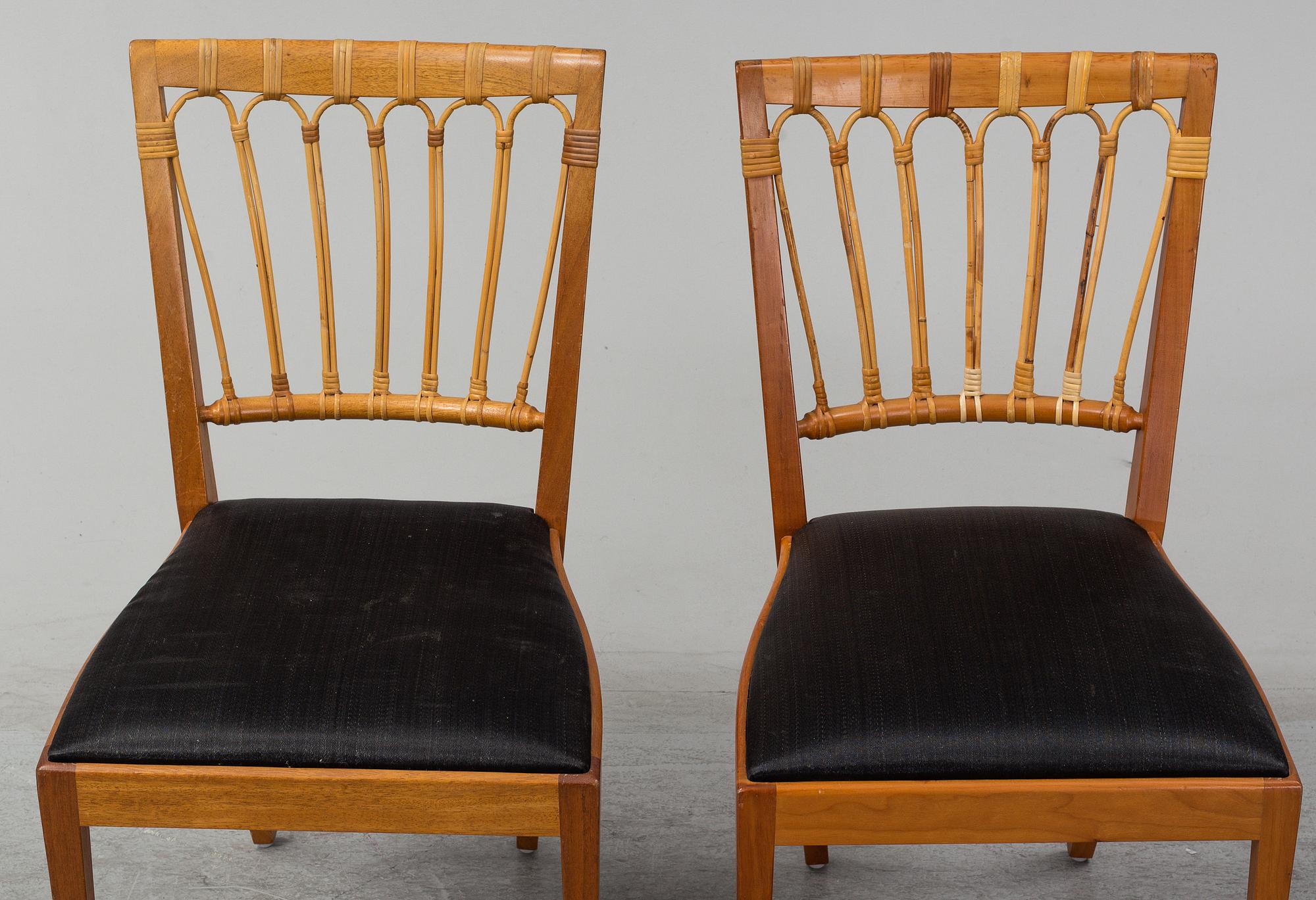A set of six mahogany and rattan dining chairs, Josef Frank, , model 1165, Svenskt Tenn, Stockholm.
