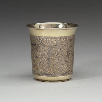A Russian 19th century silver-gilt and niello beaker, unidentified makers mark, Moscow 1850's.