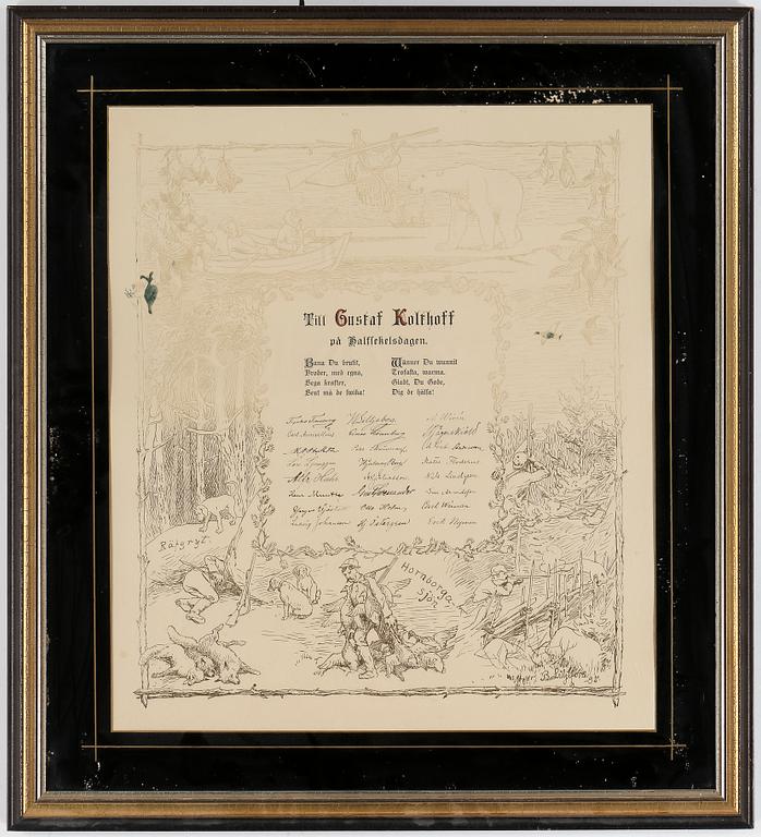 BRUNO LILJEFORS, gratulationstavla, tusch, signerad o daterad 1895.