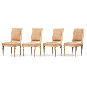 A set of four carved Gustavian chairs, late 18th century.