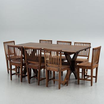 A provincial dining table and eight similar chairs, Sweden, 19th century.