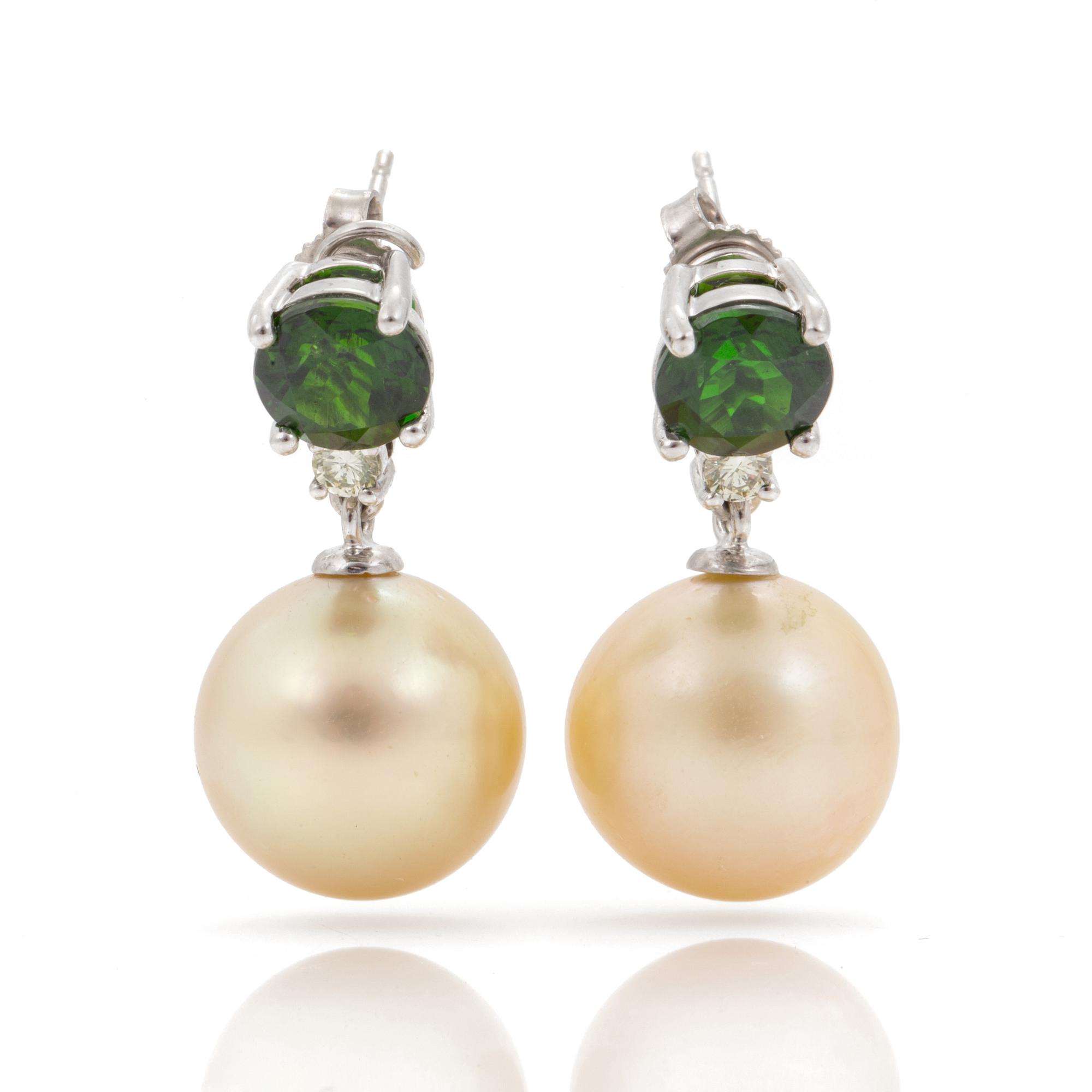 A pait of diposide, diamond and cultured South Sea pearl earrings, signed Max Prus.