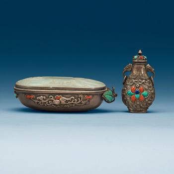 A Mongolian snuff bottle with cover and a case with cover of stones and nephrite, presumably late Qing dynasty.