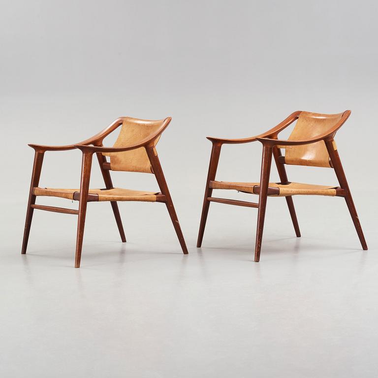 Adolf Relling & Sigurd Resell, a pair of teak and leather "56/2 Bambi-series armchairs, Norway 1950's-60's.