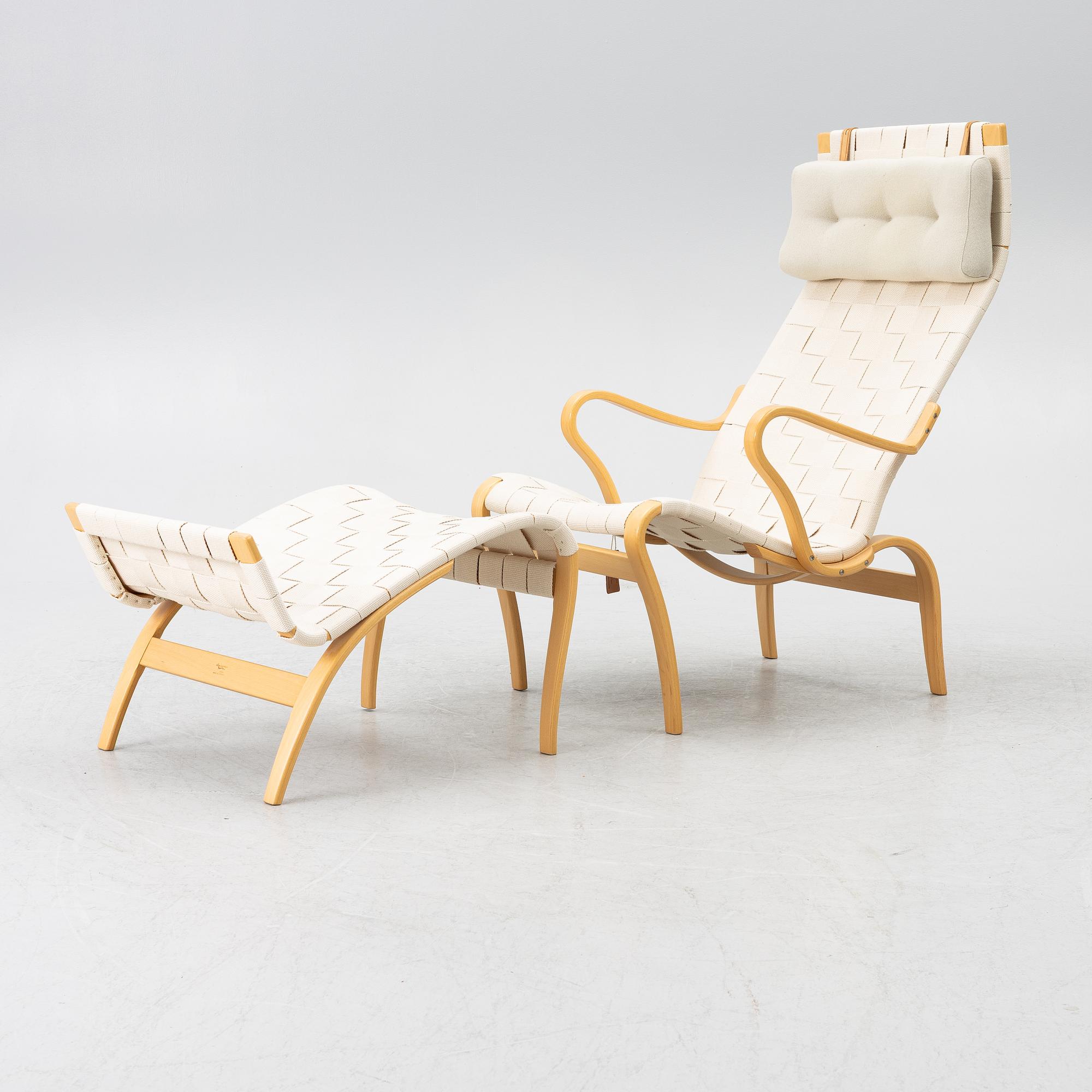 Bruno Mathsson, armchair and footstool, "Miranda", Bruno Mathsson International, Värnamo.