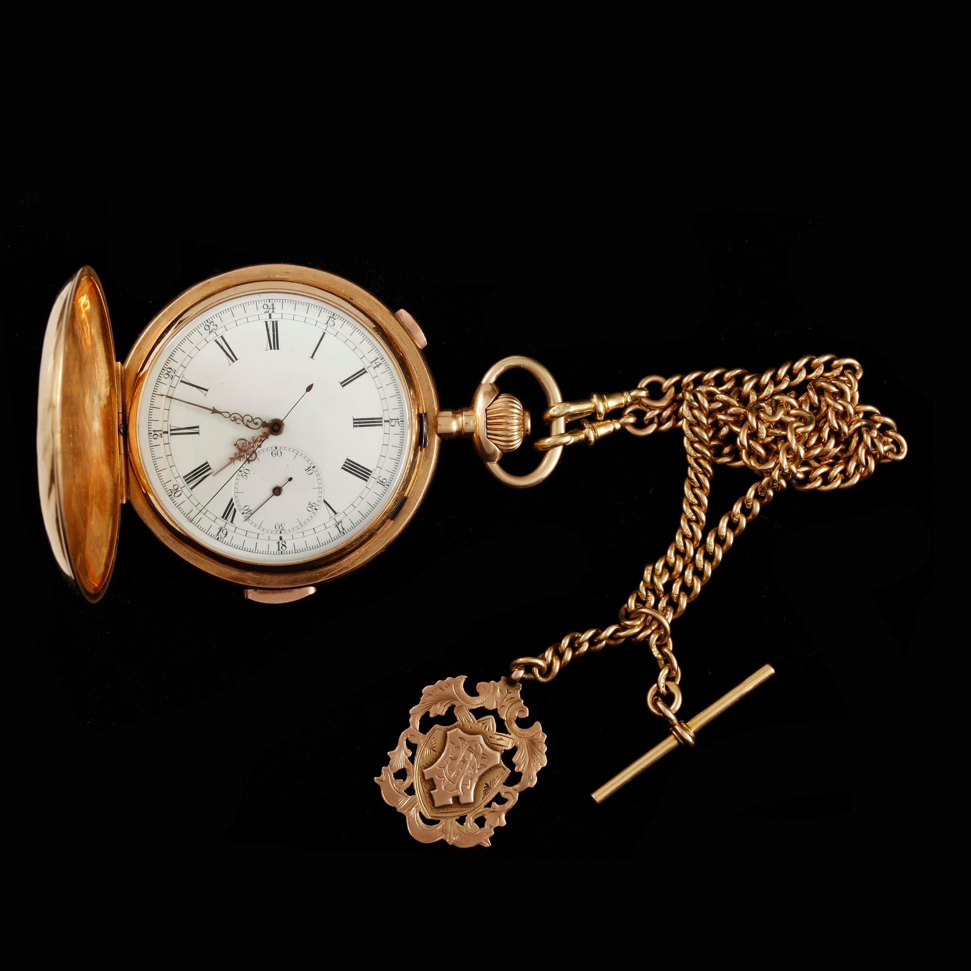 HERRFICKUR MED KRONOGRAF OCH REPETITION samt KLOCKKEDJA, guld 18k, La Maisonnette. Tot ca 174 gram.